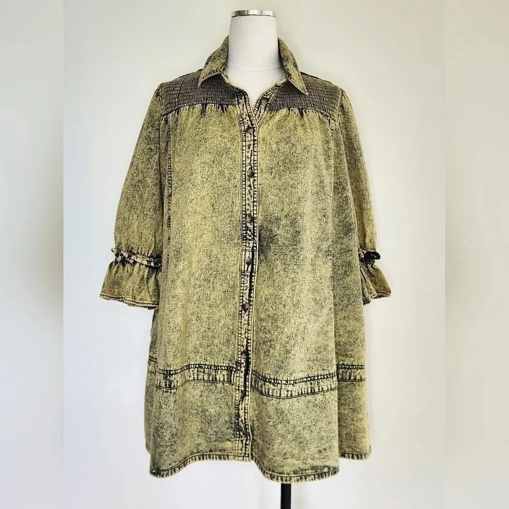 New! || FREE PEOPLE || Vanessa dress/tunic, Sz Small, Acid Washed, Yellow Rinse - Picture 2 of 9